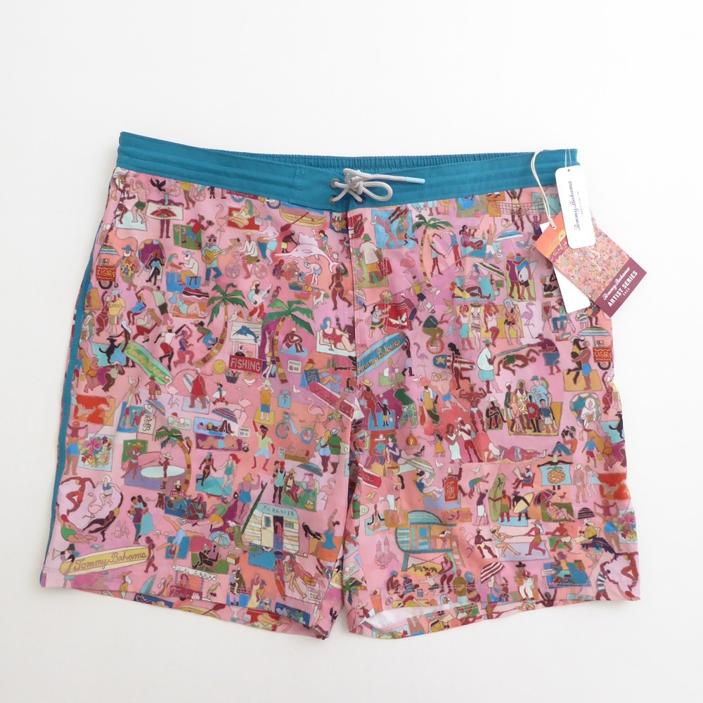 Tommy Bahama Mens Swim Board Shorts Lined Pink Baja Scenic Artist Series XXL